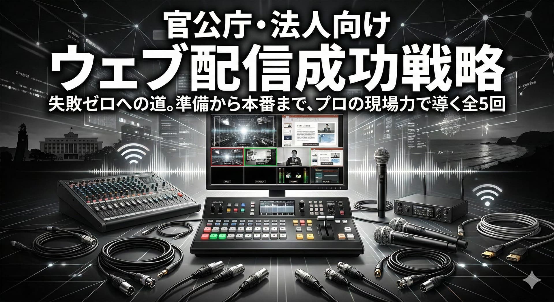 宮崎での官公庁・法人向けウェブ配信を象徴する機材（マイク、ビデオスイッチャー、ケーブル）とデジタルの波形を背景にした、ウェブ配信完全実務ガイドのシリーズ統一アイキャッチ画像。